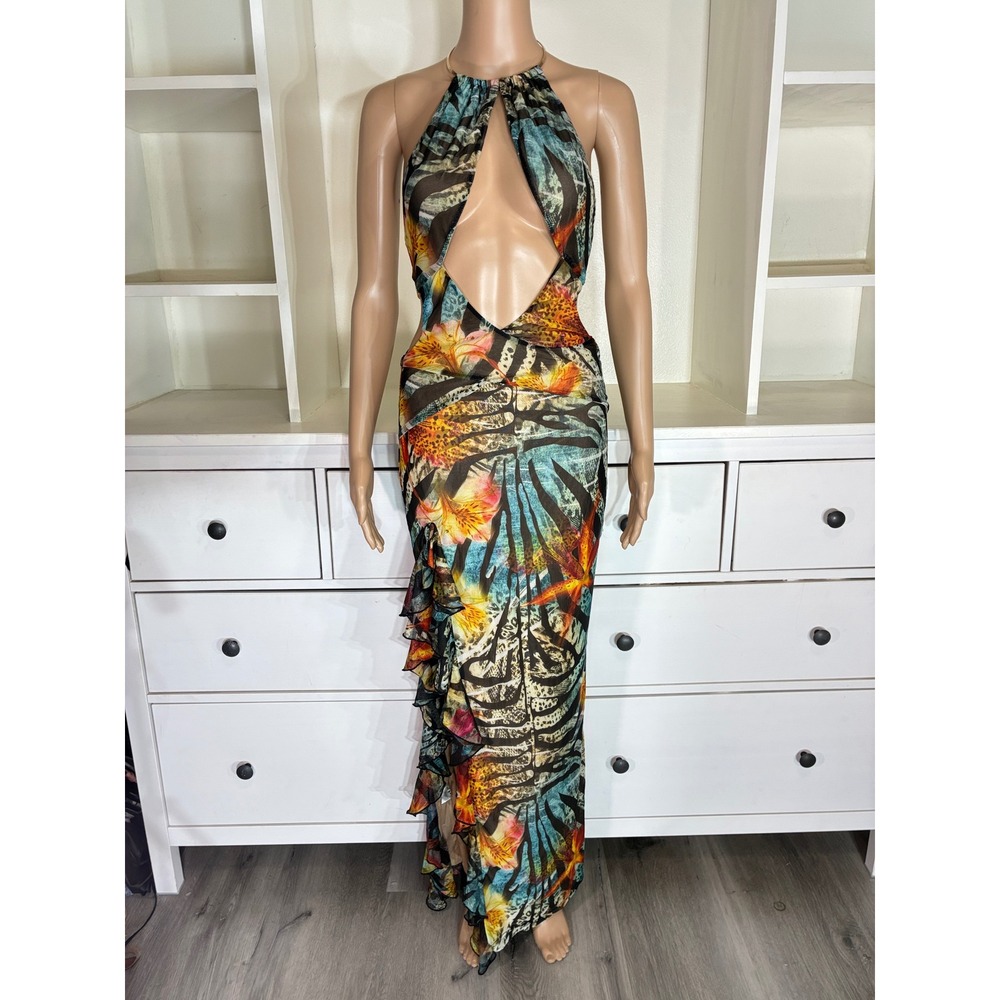 Outcast Cillian Maxi Dress Women Size S Multicolor Wildflower Cutout Mesh Ruffle